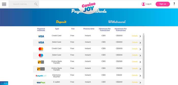 casino joy mise et retrait
